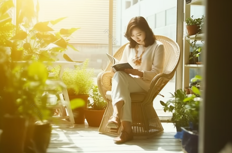 青年女画家在放满绿色植物的办公室读杂志室内摄影,高清,摄影图,摄影图片,图片大全,摄影图免费下载